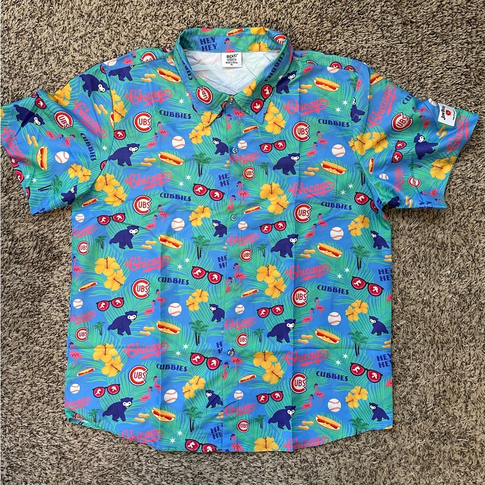 Chicago Cubs Teal Tropical-Print Short-Sleeve Button-Down Shirt